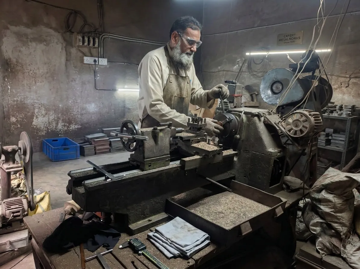 Craftsman operating a lathe machine at the Leena Hardware factory in Aligarh