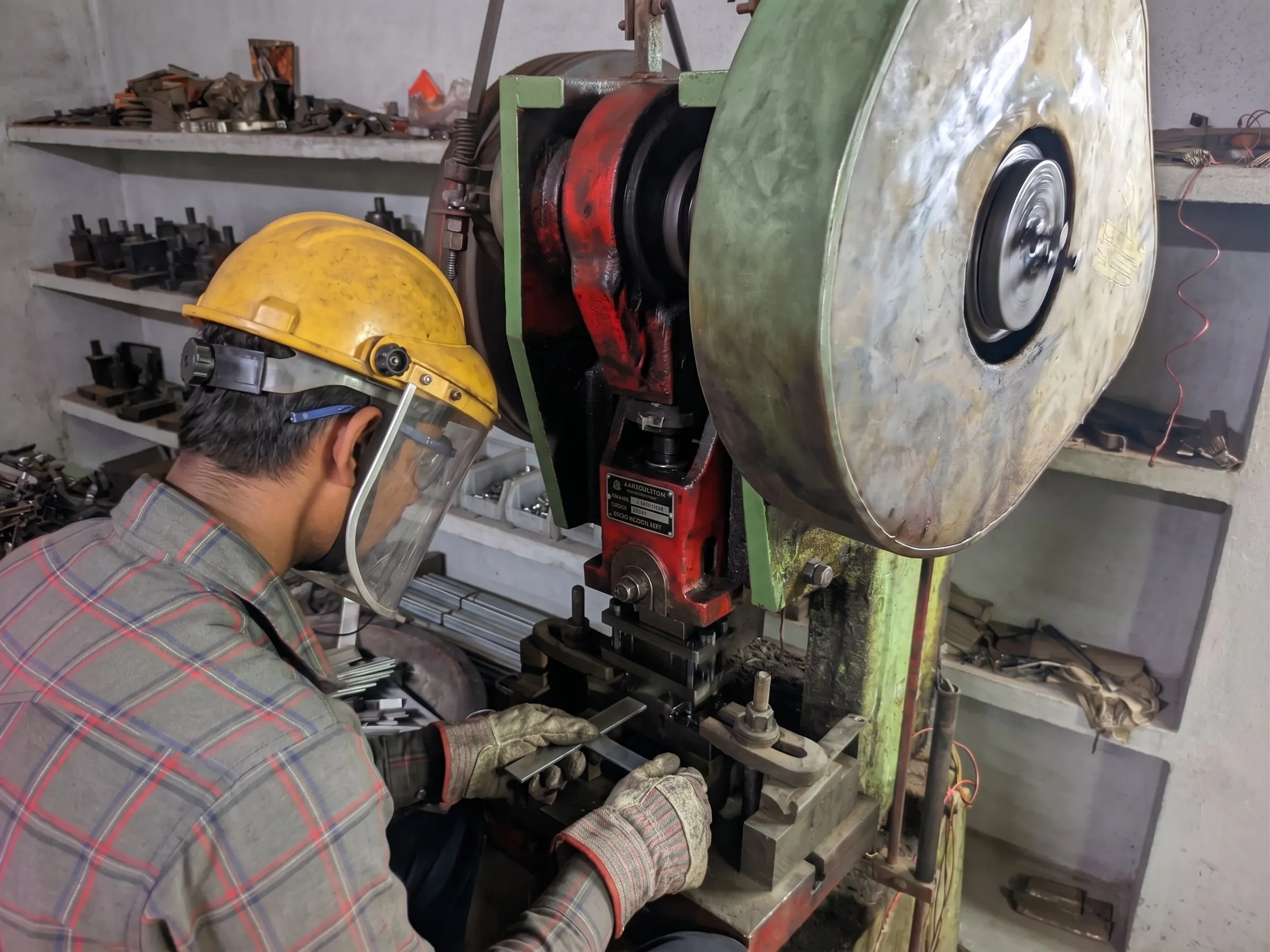 Machine operator at a power press inside the Leena Hardware factory in Aligarh