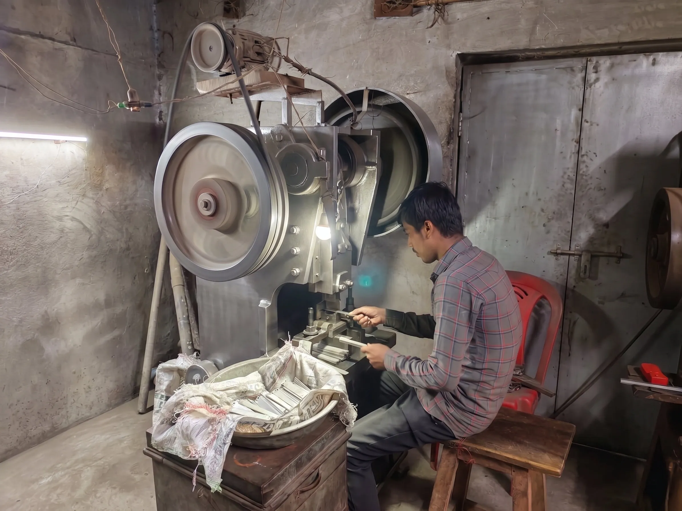 Power press operation at the Leena Hardware factory in Aligarh